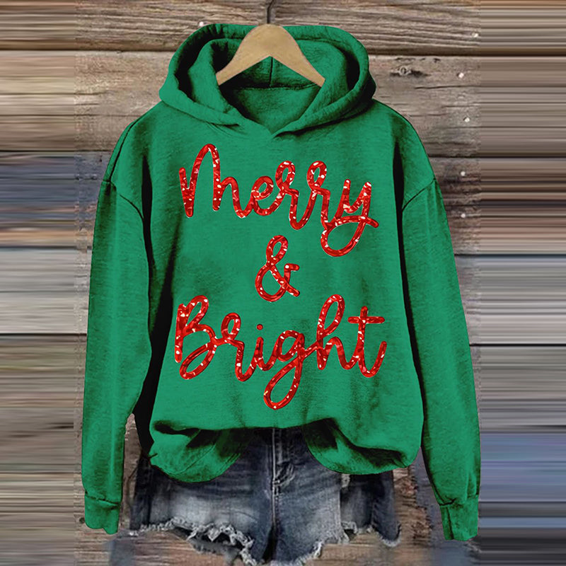 Comstylish Christmas Sparkly Glitter Merry And Bright Print Hoodie