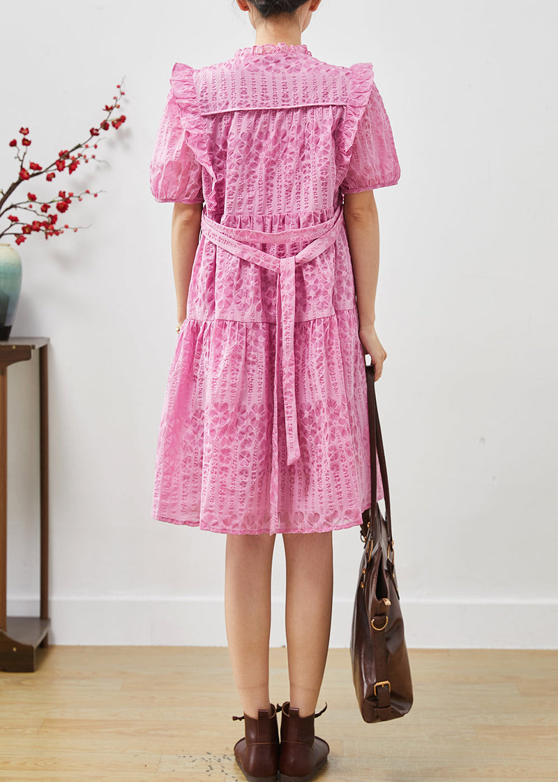 Pink Puff Sleeve Ruffled Wrinkled Day Dress Summer