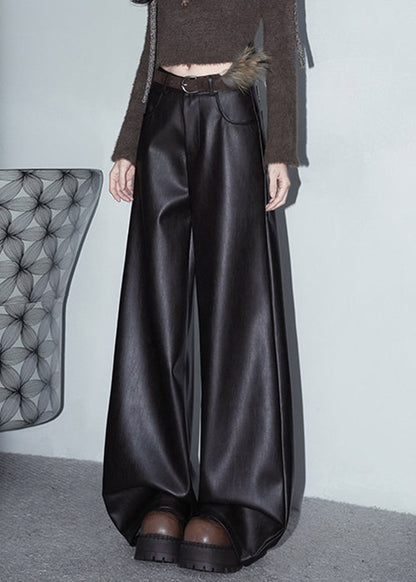Coffee Pockets Faux Leather Pants High Waist