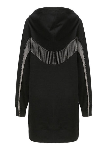 Black Patchwork Tassel Cotton Hooded Mid Dresses Fall