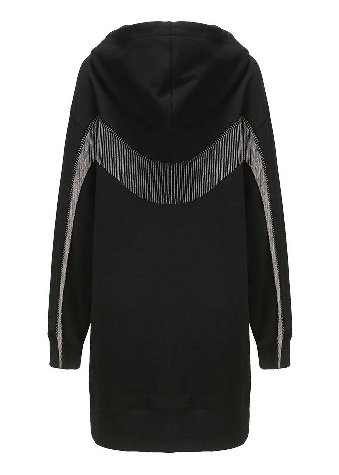Black Patchwork Tassel Cotton Hooded Mid Dresses Fall