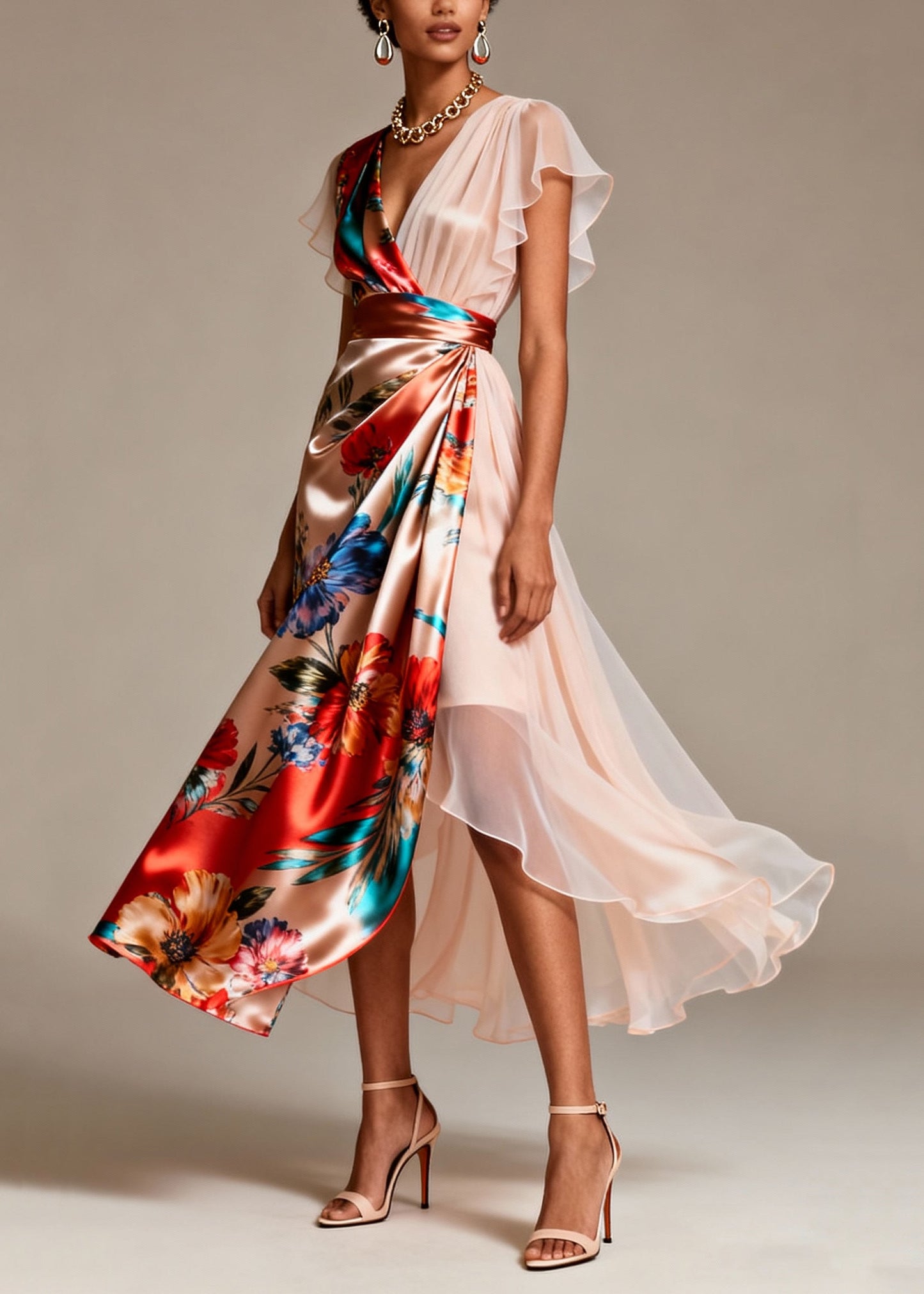 Champagne Asymmetrical Print Silk Evening Dress Butterfly Sleeve
