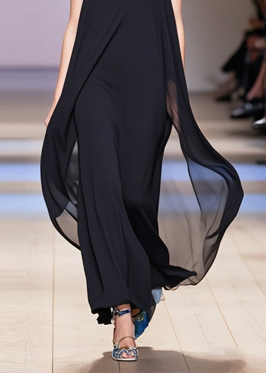 French Black Oversized Draping Chiffon Maxi Dresses Sleeveless Summer