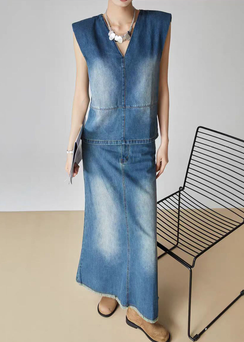 Handmade Denim Blue Patchwork Top and Jeans Two Piece Set Summer