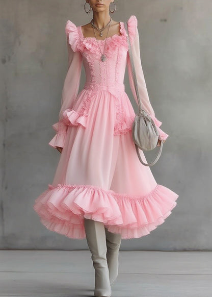 Pink Square Collar Ruffled Patchwork Tulle Maxi Dress Lantern Sleeve
