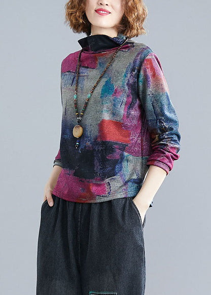 Rose Turtle Neck Tie Dye Cotton Shirt Top Spring