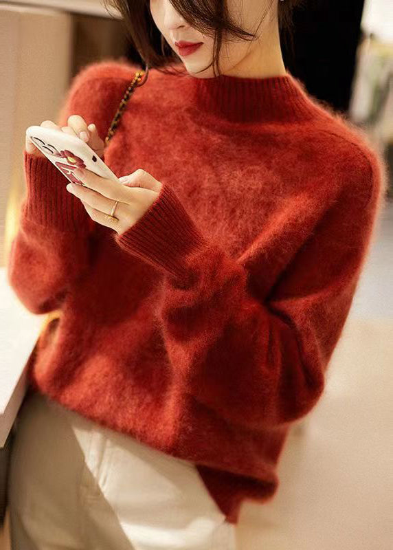 Orange Hign Neck Patchwork Woolen Knit Sweaters Fall