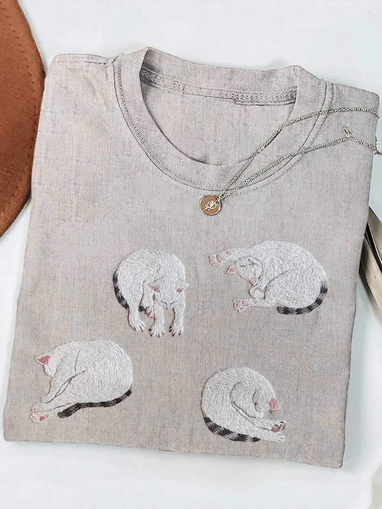 Slouchy Cat Embroidery Linen Casual T-Shirt elevenforest