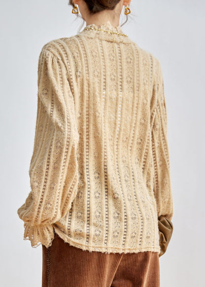 Beige Hollow Out Lace Shirt Tops Fall