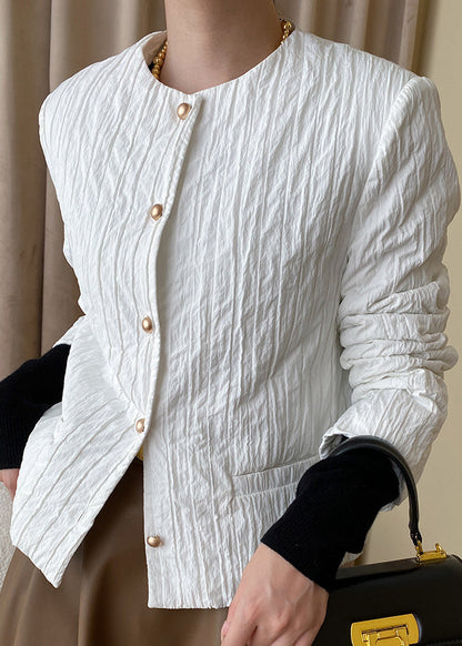 White Pockets Thin Fine Cotton Filled Coat O Neck Button Fall