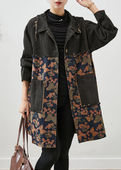 Classy Black Oversized Patchwork Print Denim Coats Fall
