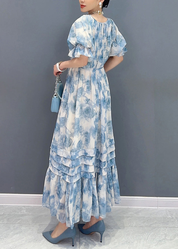 Blue O-neck Ruffled Patchwork Print Chiffon Maxi Dresses Summer