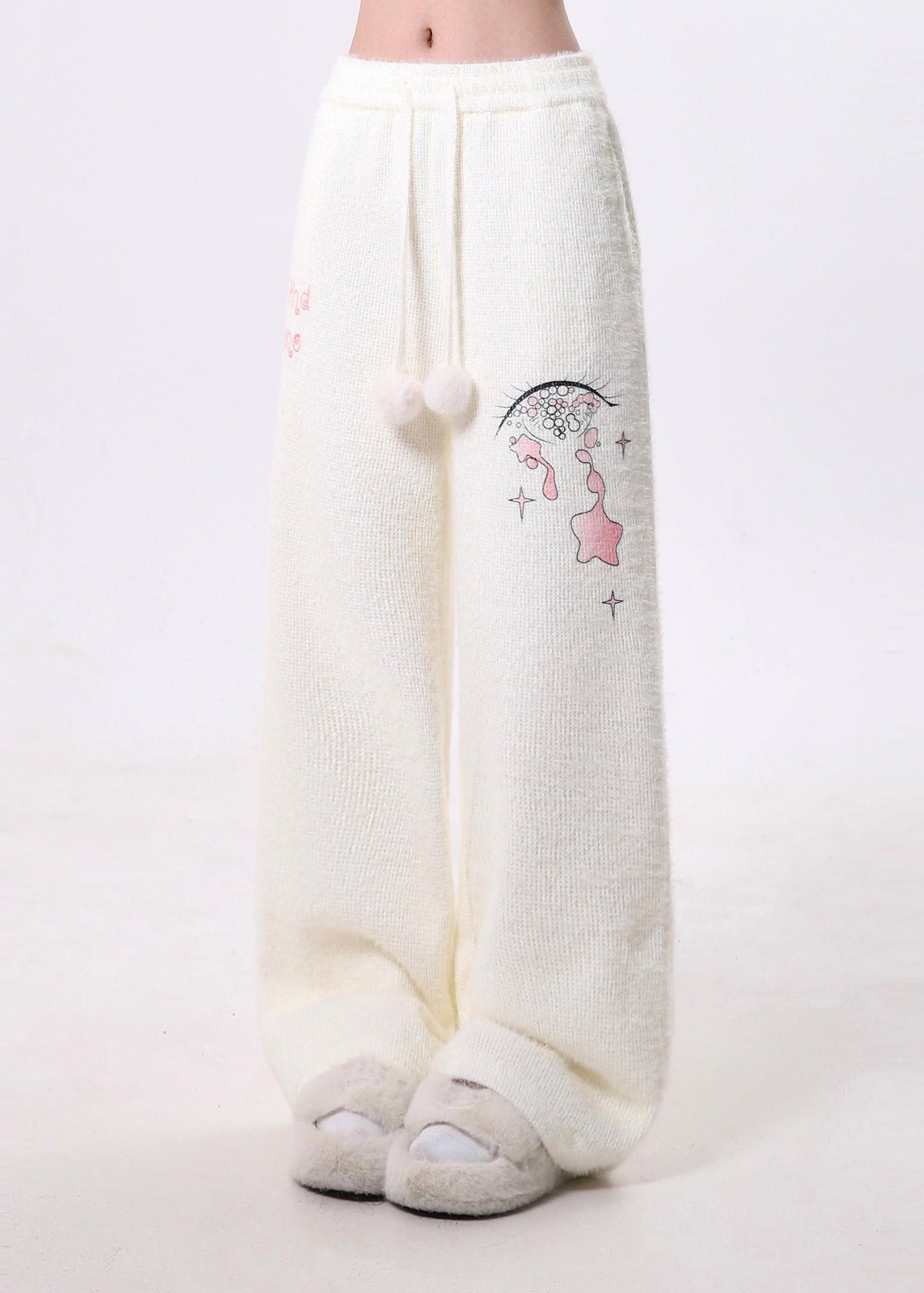 Classy White Print Fuzzy Ball Decorated Warm Fleece Fluffy Pants Spring