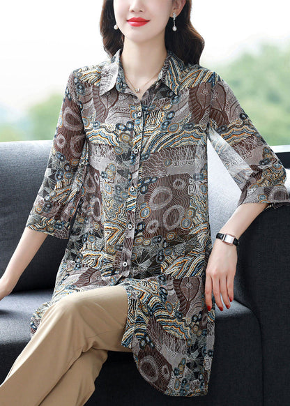 Button Peter Pan Collar Print Chiffon Blouse Tops Three Quarter Sleeve