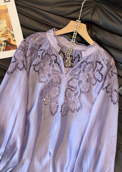 Purple Embroidered Hollow Out Silk Shirt Tops Fall