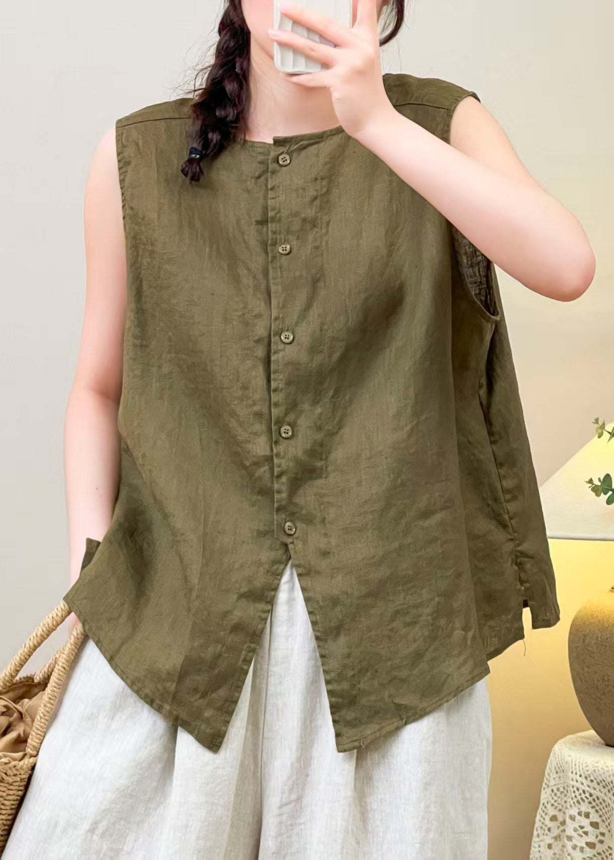 Green Wear on Both Sides Linen Shirt O Neck Summer
