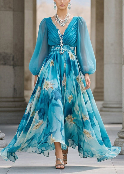 Sea Blue Print Chiffon Party Dress Cinched Exra Large Hem Spring
