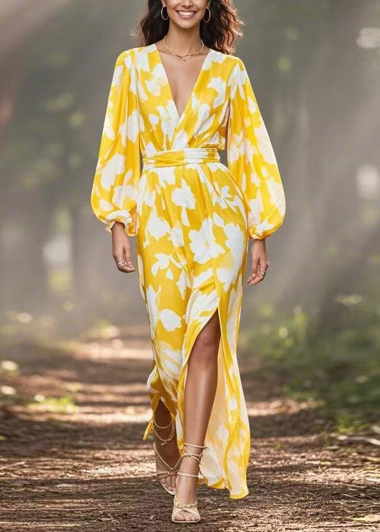 Yellow V Neck Print Side Open Chiffon Dress Spring