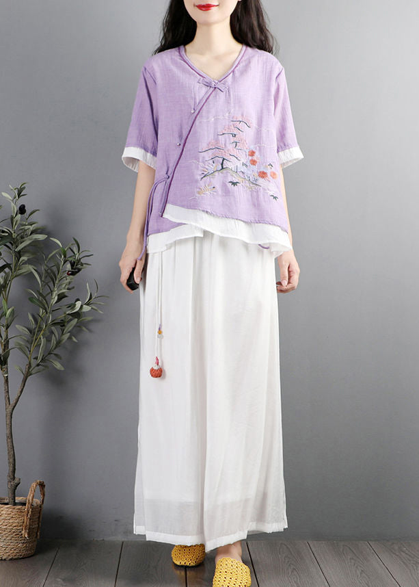 Purple Embroideried Patchwork Cotton Blouses Summer