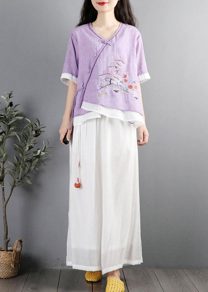 Purple Embroideried Patchwork Cotton Blouses Summer