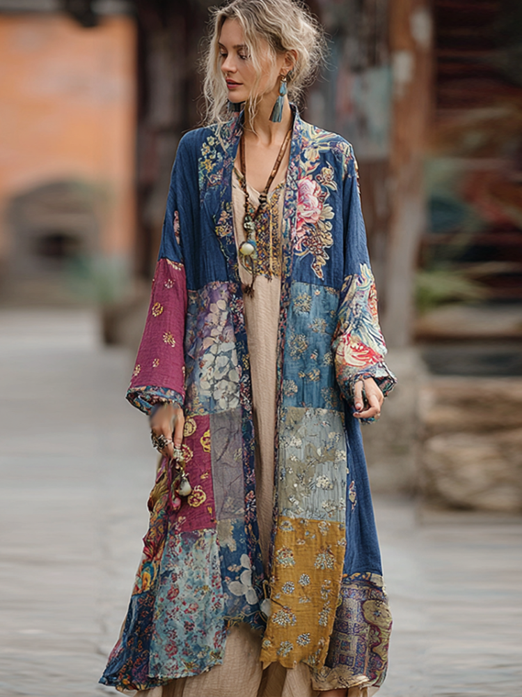 Comstylish Bohemian Style Plant And Flower Embroidery Printed Women's Cotton And Linen Long Cardigan