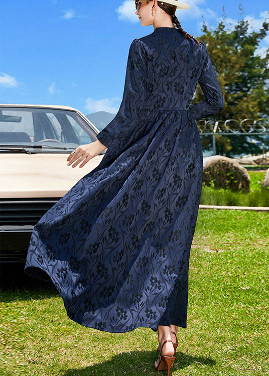 Navy V Neck Jacquard Wrinkled Silk a Line Dress Fall