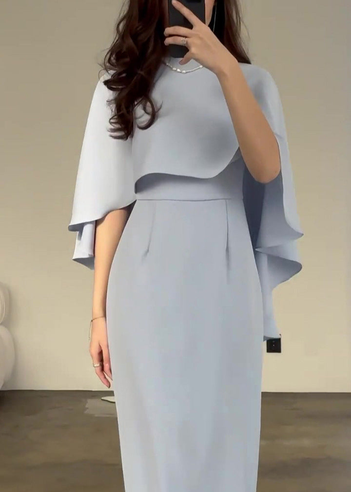 Slim Fit Light Blue Silk Shawl Waist Cinched Dress Summer