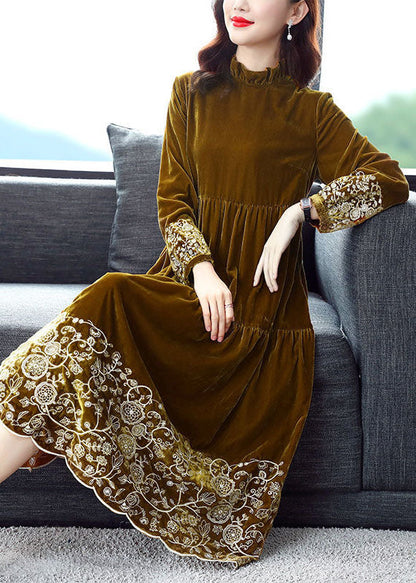 Yellow Ruffled Patchwork Print Velour Dress Spring