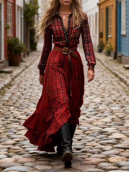 Red V Neck Plaid Patchwork Cotton Ankle Dress Spring