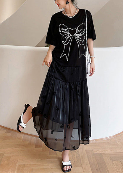 Black O-neck Bow Tulle Patchwork Cotton Maxi Dresses Summer