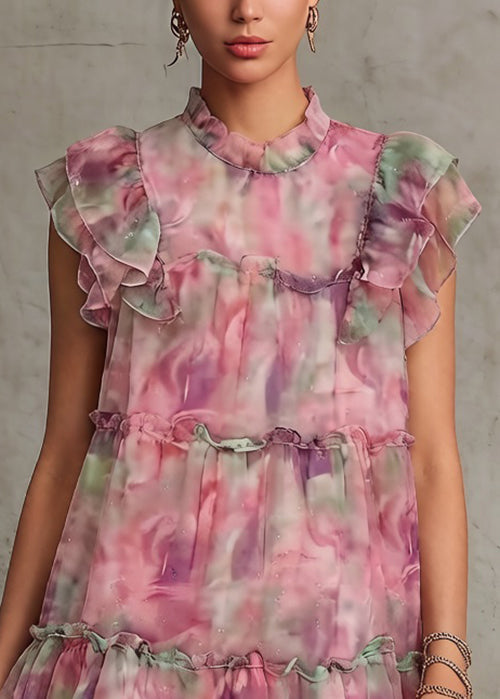 Pink Ruffled Print Chiffon Mid Dress Summer