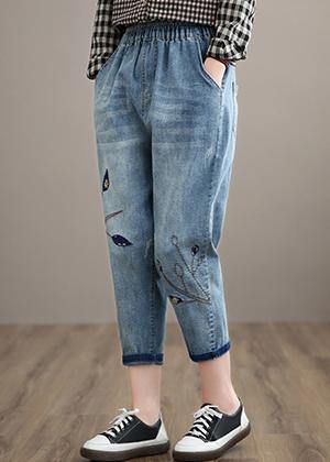 Unique Spring Trousers Denim Blue Wardrobes Elastic Waist Leaf Pant
