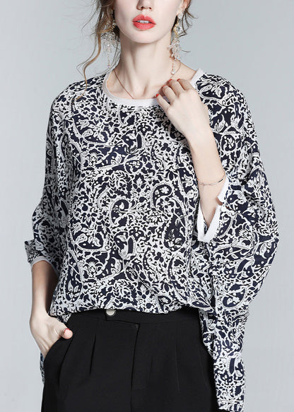 Retro Black O-neck Print Silk Shirts Long Sleeve
