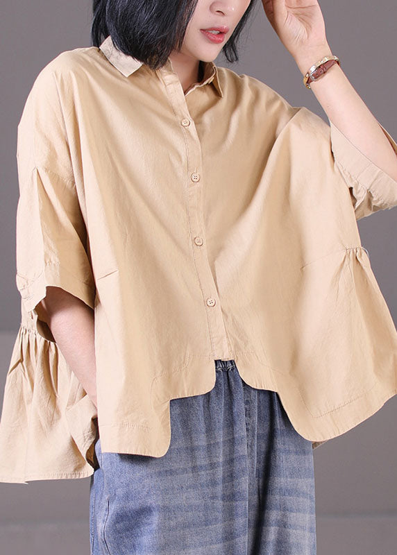 Khaki Peter Pan Collar Asymmetrical Design Patchwork Wrinkled Cotton Shirt Tops Short Sleeve