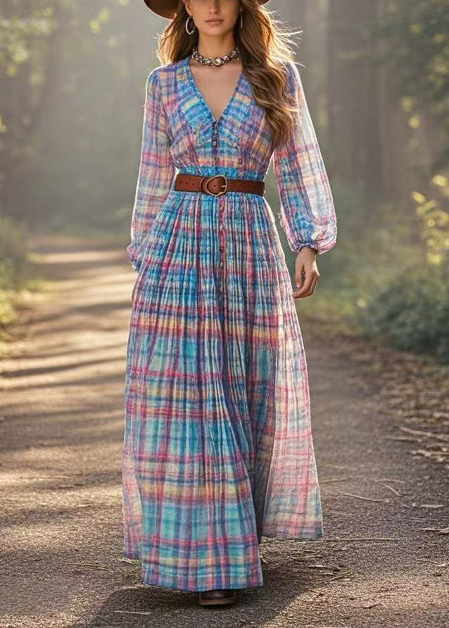 Rainbow Cinched Plaid Cotton Dresses Spring