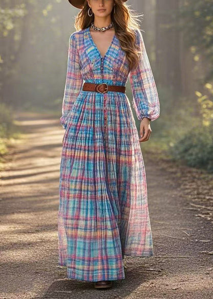 Rainbow Cinched Plaid Cotton Dresses Spring