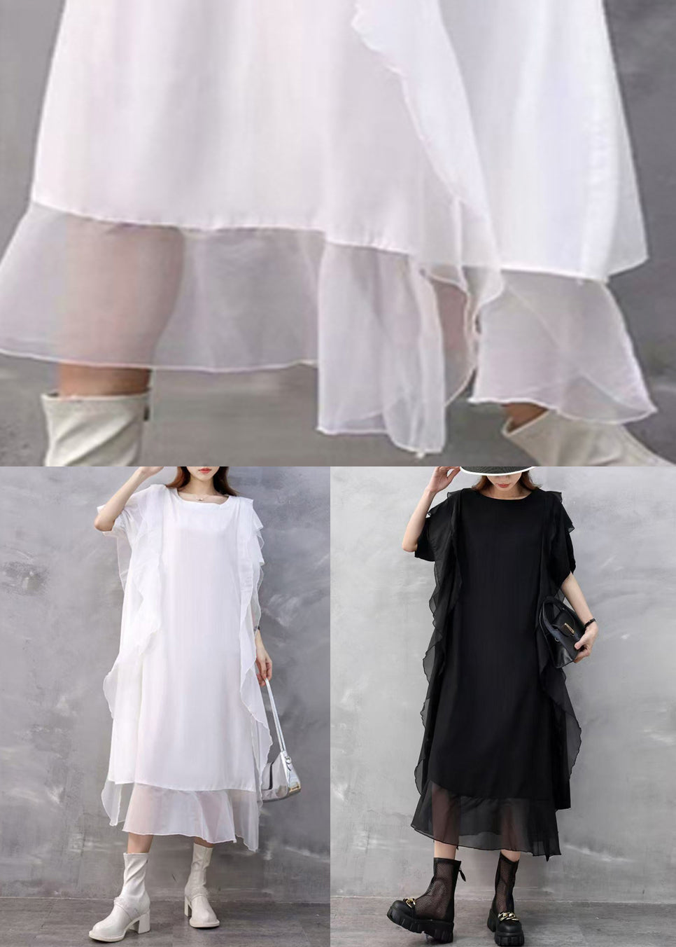Black Pockets Chiffon Summer Dresses O Neck