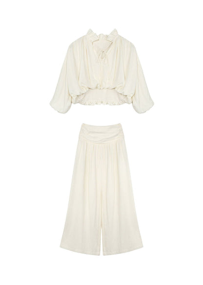 Classy Ruffled Patchwork Top and Pants Cotton Two Pieces Set Spring