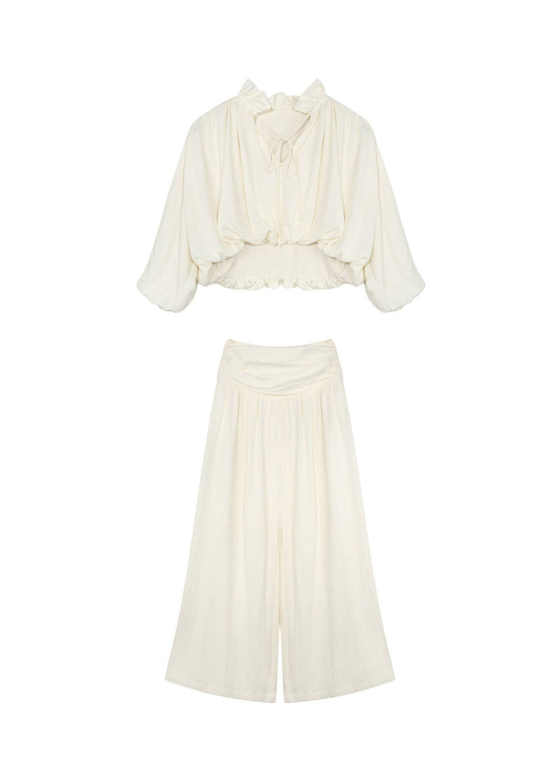 Classy Ruffled Patchwork Top and Pants Cotton Two Pieces Set Spring