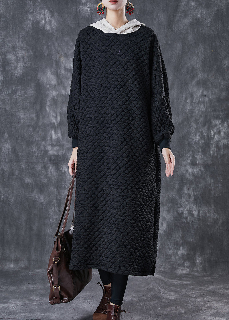 Black Hooded Patchwork Fine Cotton Filled Dress Winter