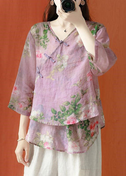 Brown Asymmetrical Print Linen Blouses Half Sleeve