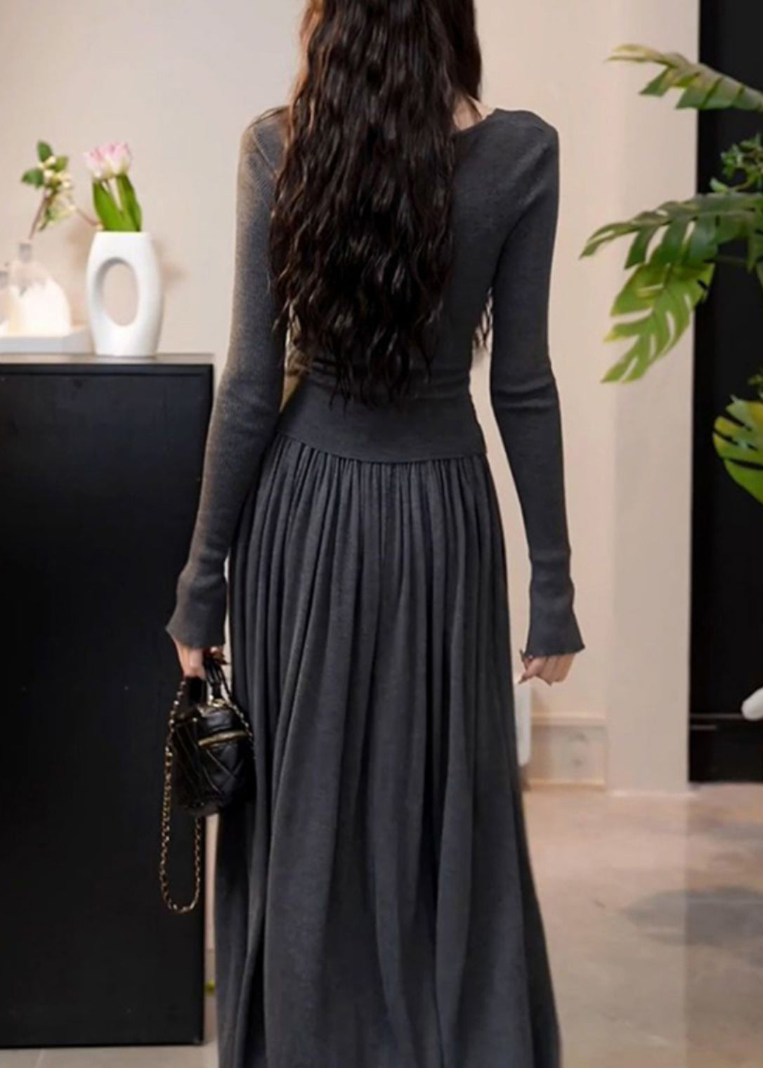Modern Grey V Neck Wrinkled Top and a Line Skirts Two Pieces Set Winter