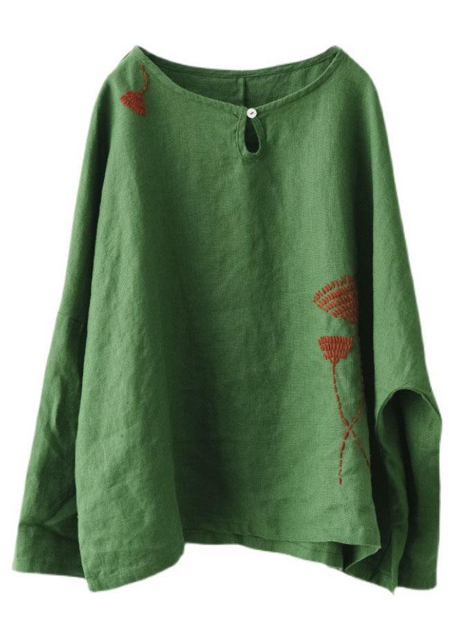Green Loose Embroideried Fall Linen Shirt Tops Long Sleeve