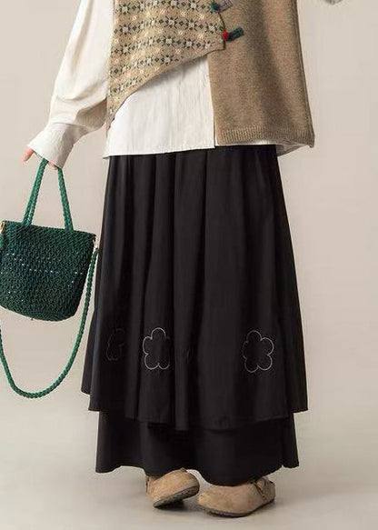 Black Embroidered Layered Cotton Holiday Skirts Spring