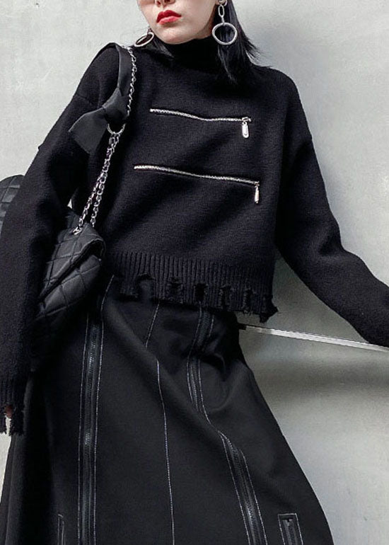 Classy Black Zippered Hole Turtle Neck Knit Sweaters Spring