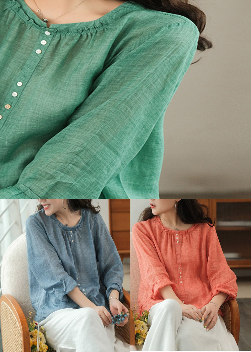 Blue Linen Shirt Top Button Ruffled Long Sleeve