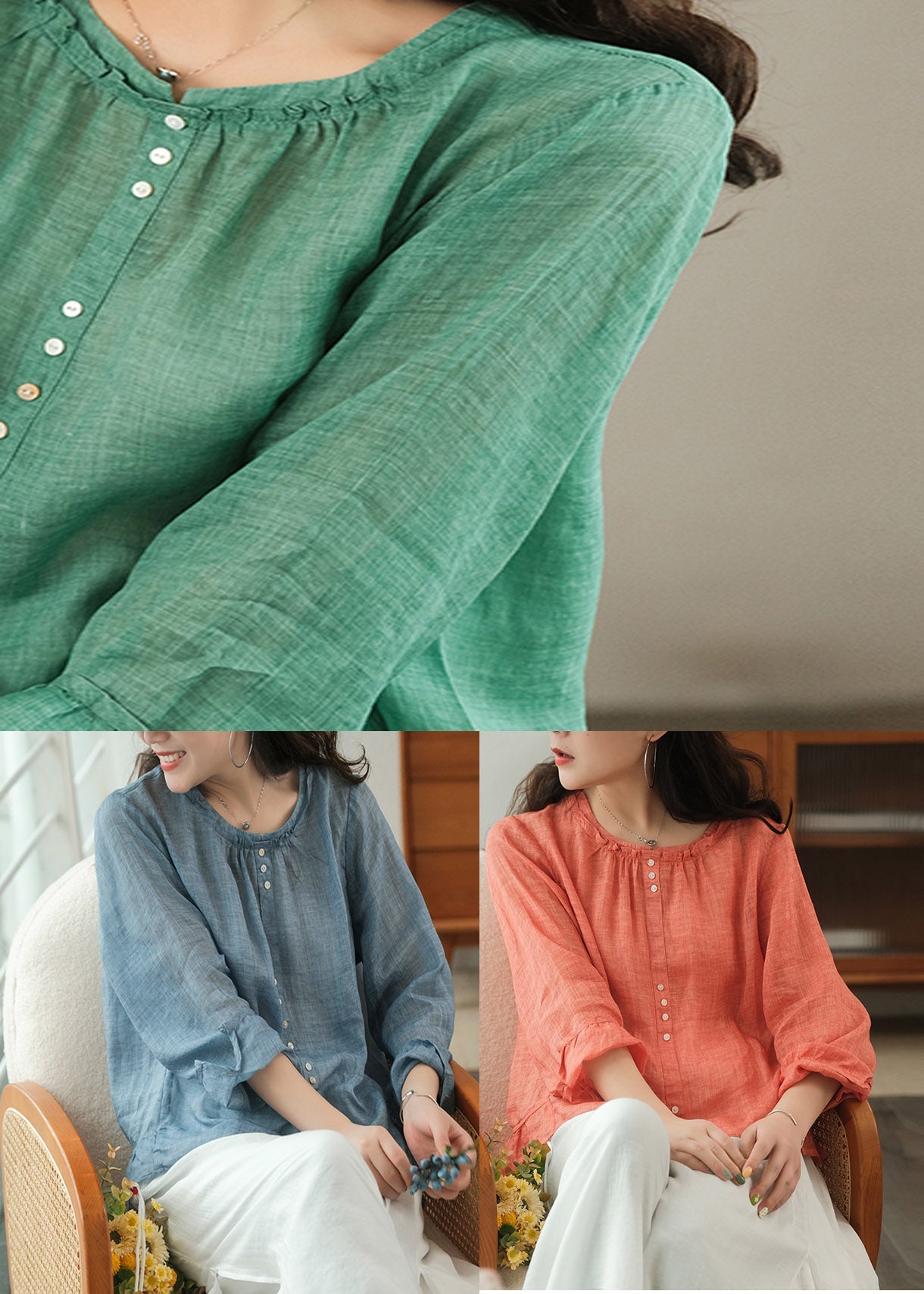 Green Patchwork Ruffles Linen Blouses Long Sleeve