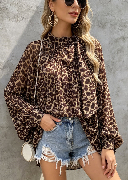 Leopard Print Bow Chiffon Shirts Tops Spring