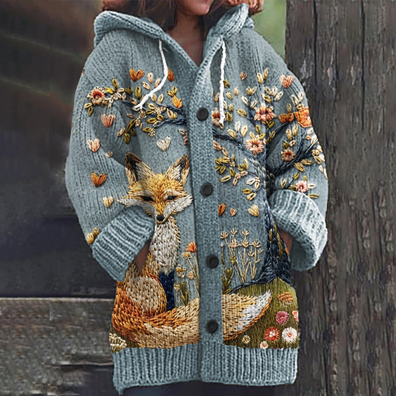 Vintage Fox Floral Embroidered Art Cozy Knit Hooded Cardigan artswardrobe
