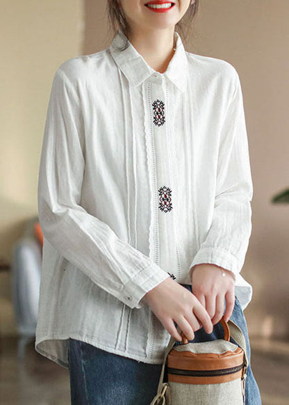 Art White Peter Pan Collar Button Embroideried Cotton Shirt Tops Spring